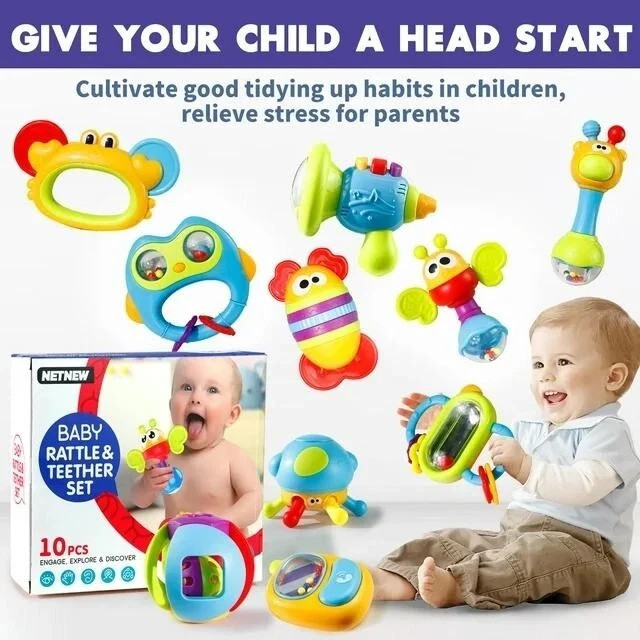 10PCs Baby Rattles Toys Set, Infant Grab Shake Rattle Sensory Teether Newborn
