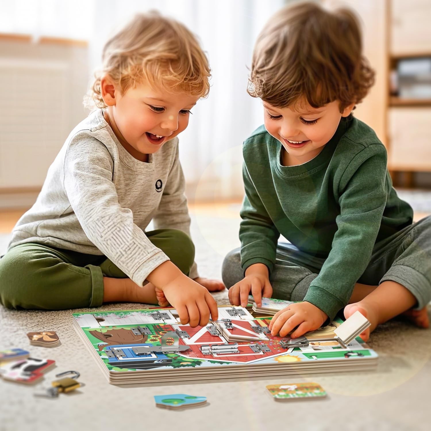 Interactive Montessori Farm Toy – Wooden Busy Board with 9 Puzzles for Toddlers