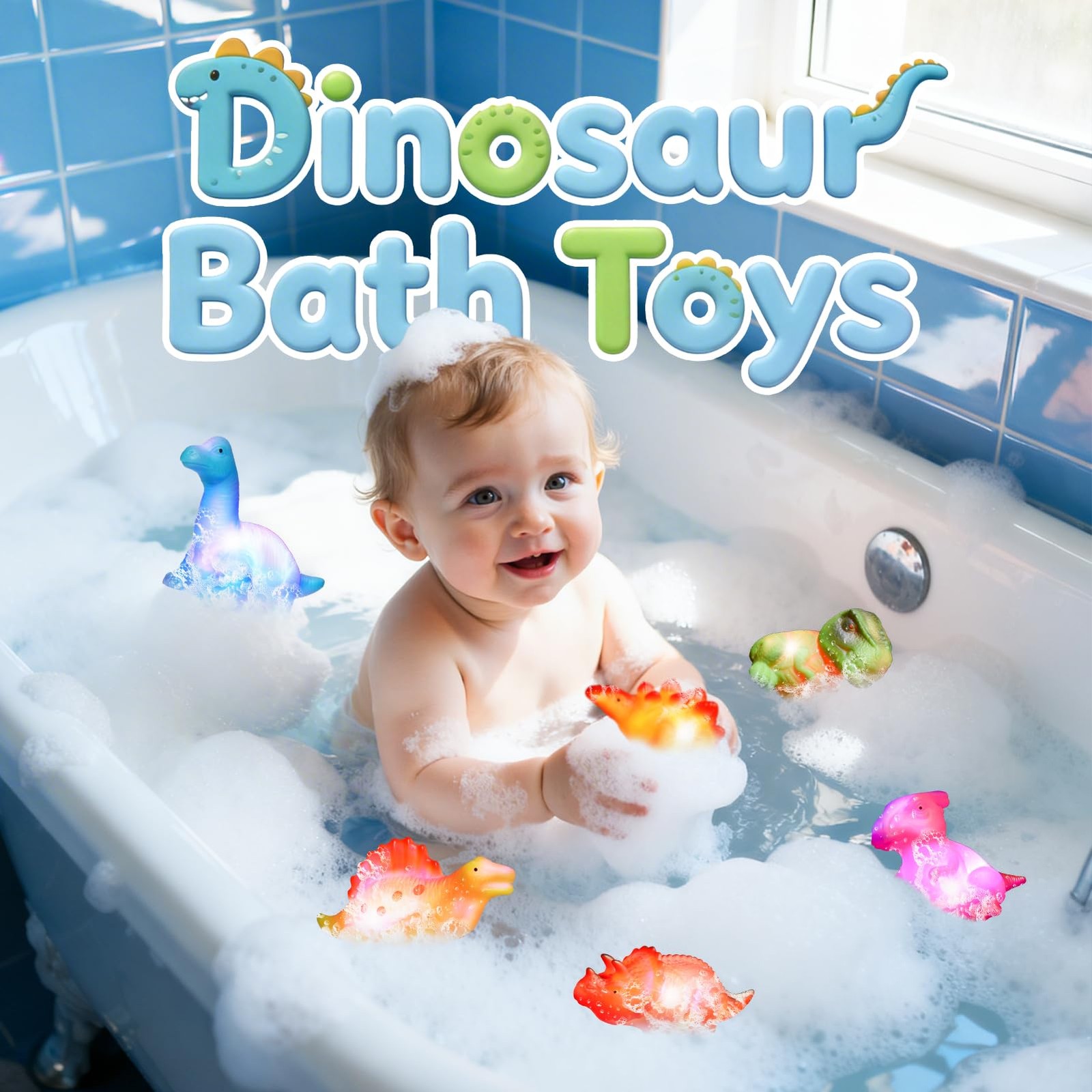 Baby Bath Toys for Toddlers 1-5, 6 Packs Light Up Floating Dinosaur Small