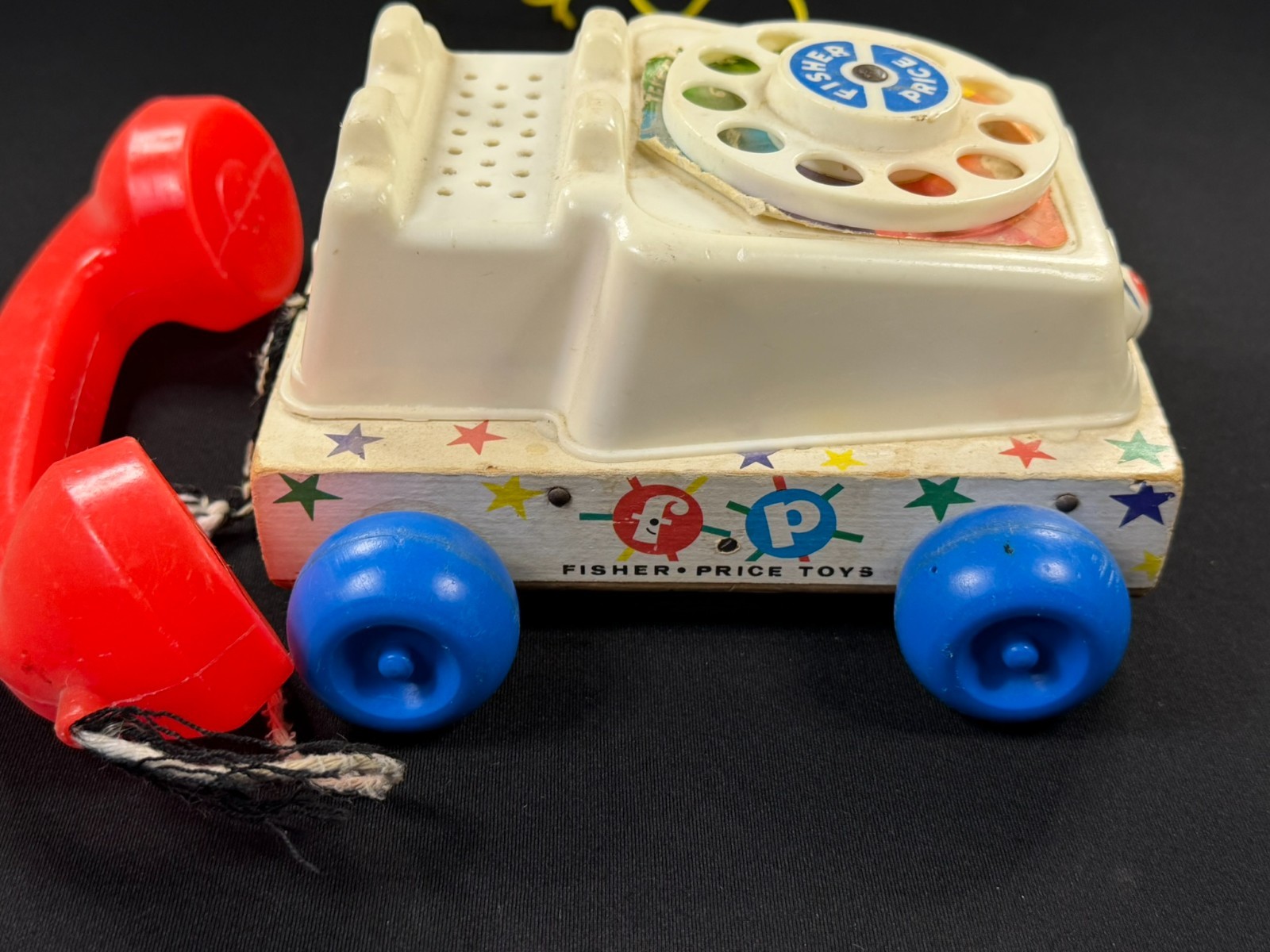 Vintage Fisher Price Chatter Telephone Pull Toy #747 Rotary Phone Wood Base