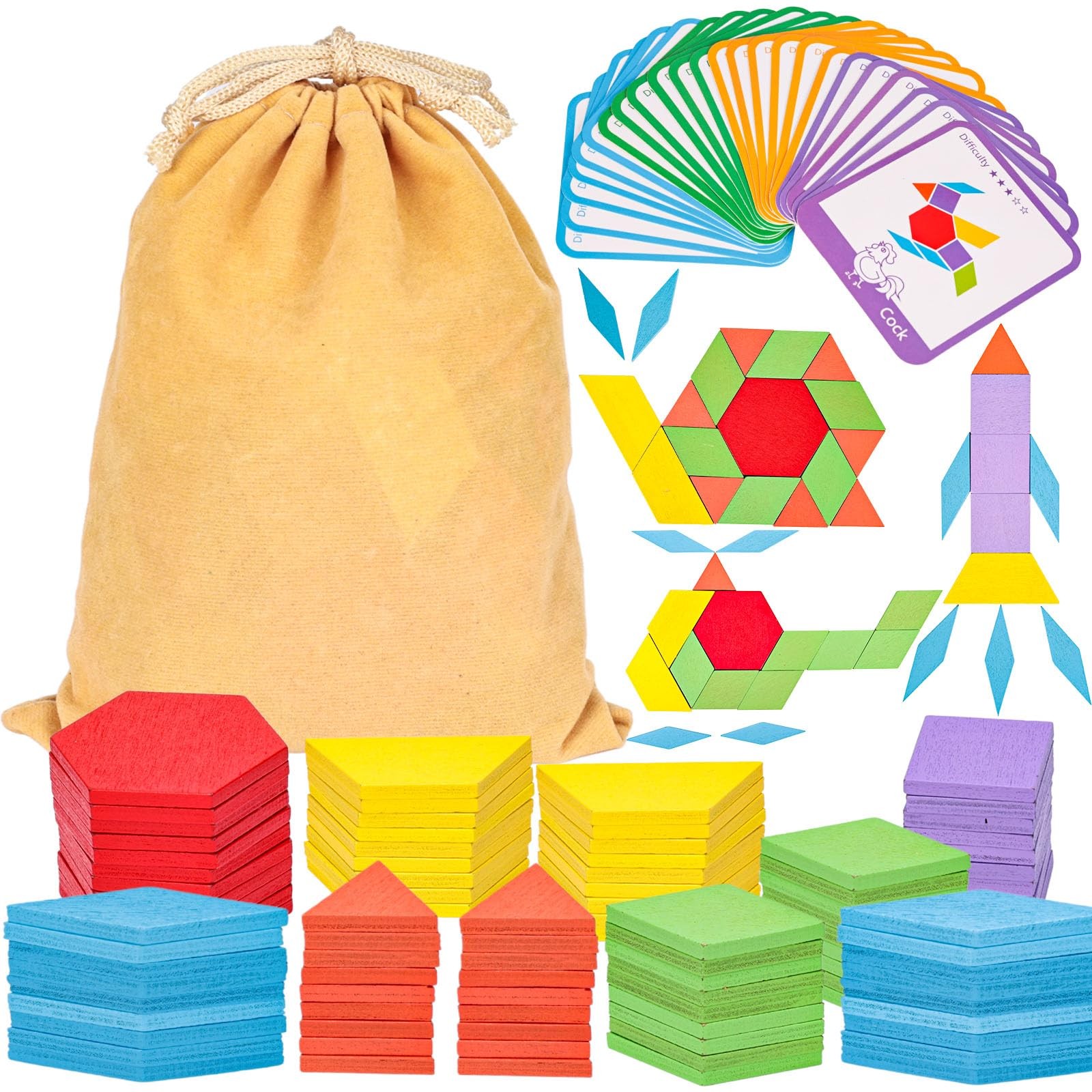 LovesTown 209 PCS Shapes Wooden Pattern Blocks for Kids,Geometric with Activi…