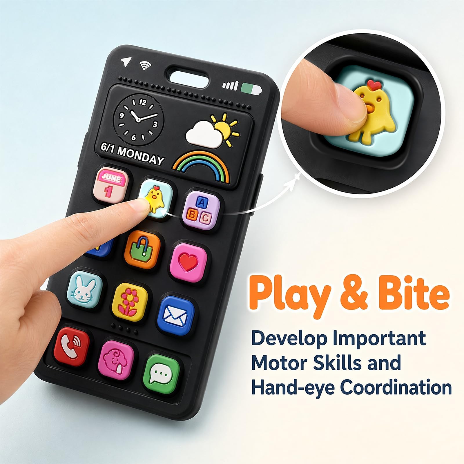 Baby Silicone Phone Teether, Realistic Mobile Teething Toy for Black 1