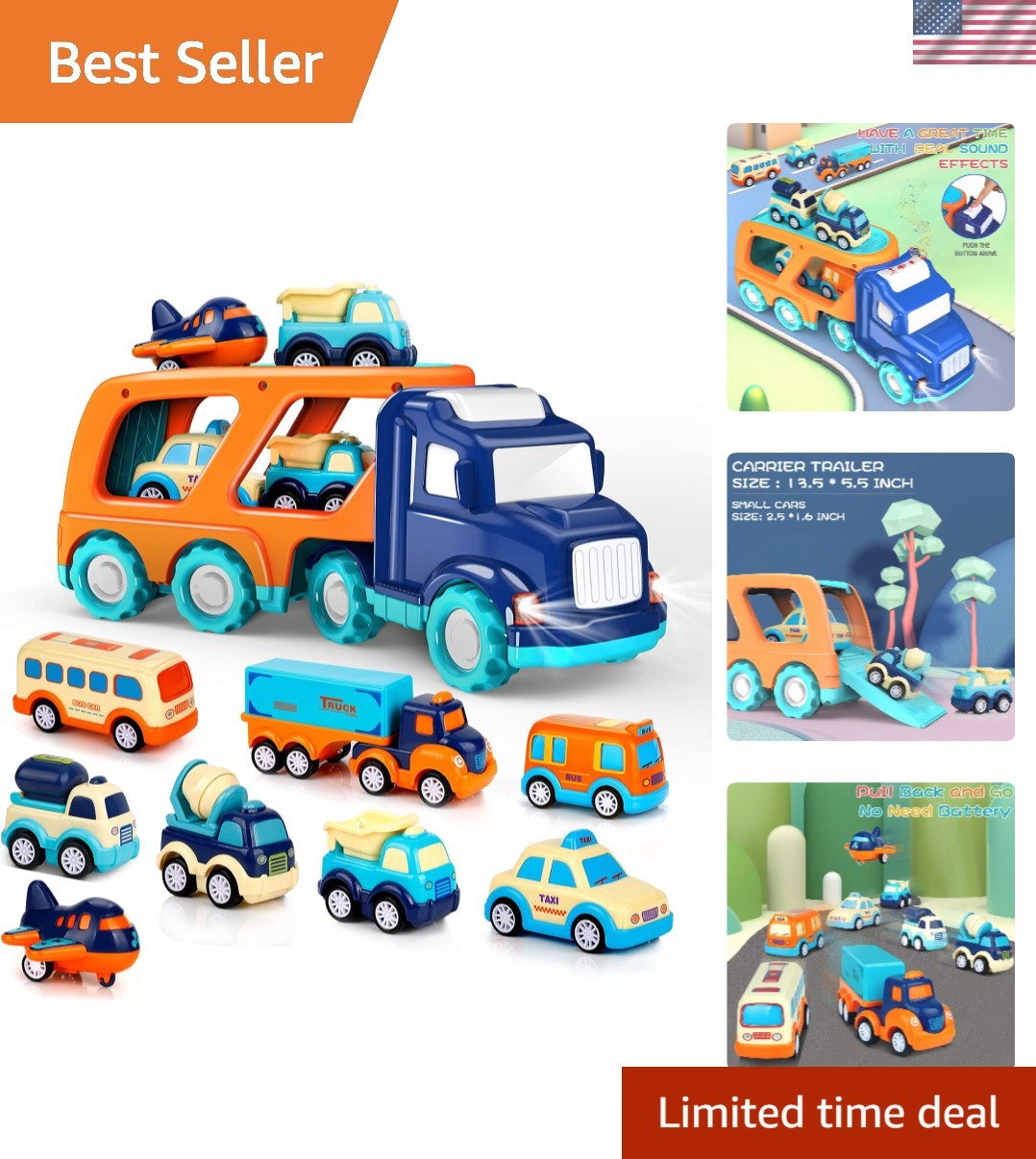 Interactive 9 Pack Car Toy Set with Big Transport Truck, Sound & Light Features