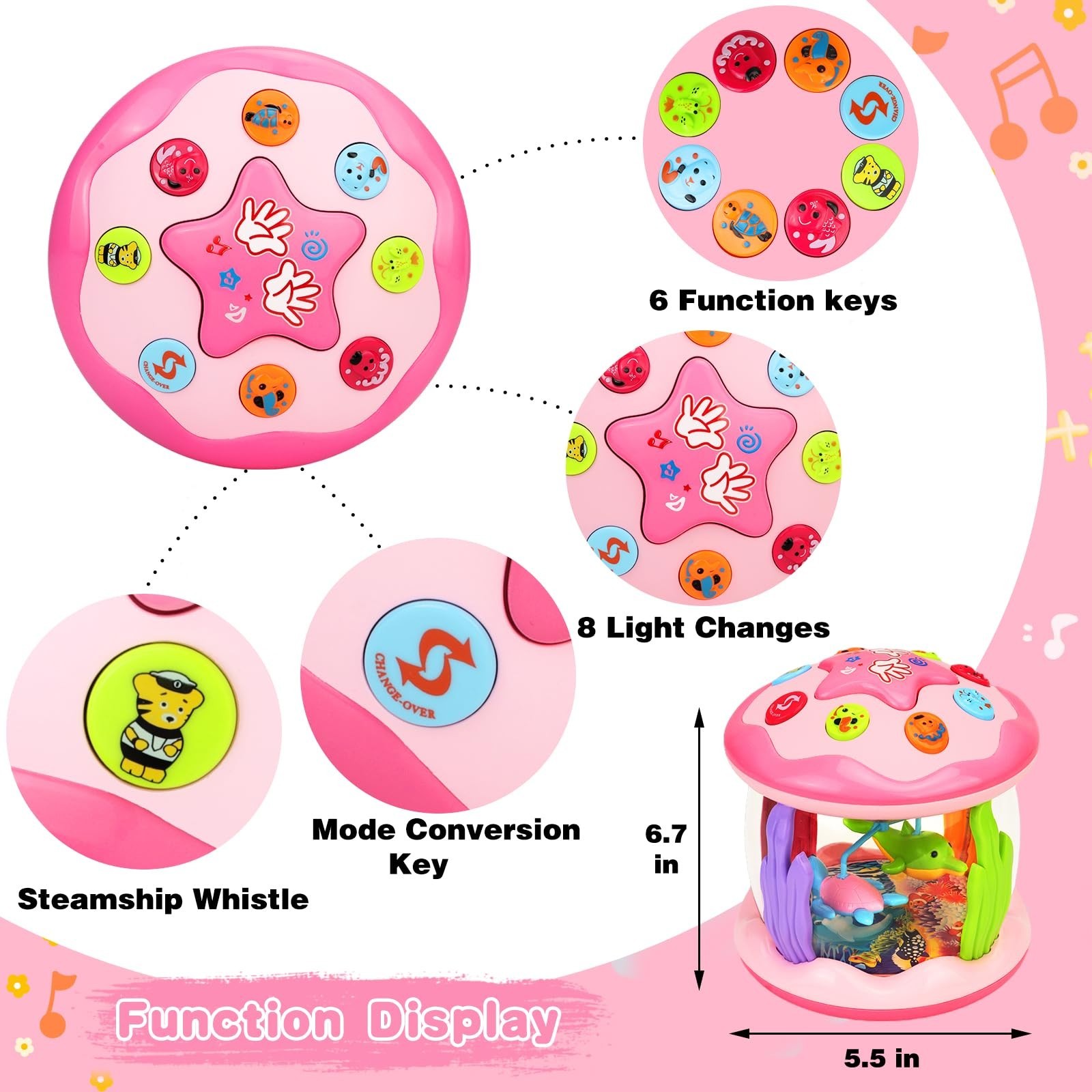 Rotating Ocean Light Up Musical Toy for Babies 6-36 Months Pink Crawling Gift