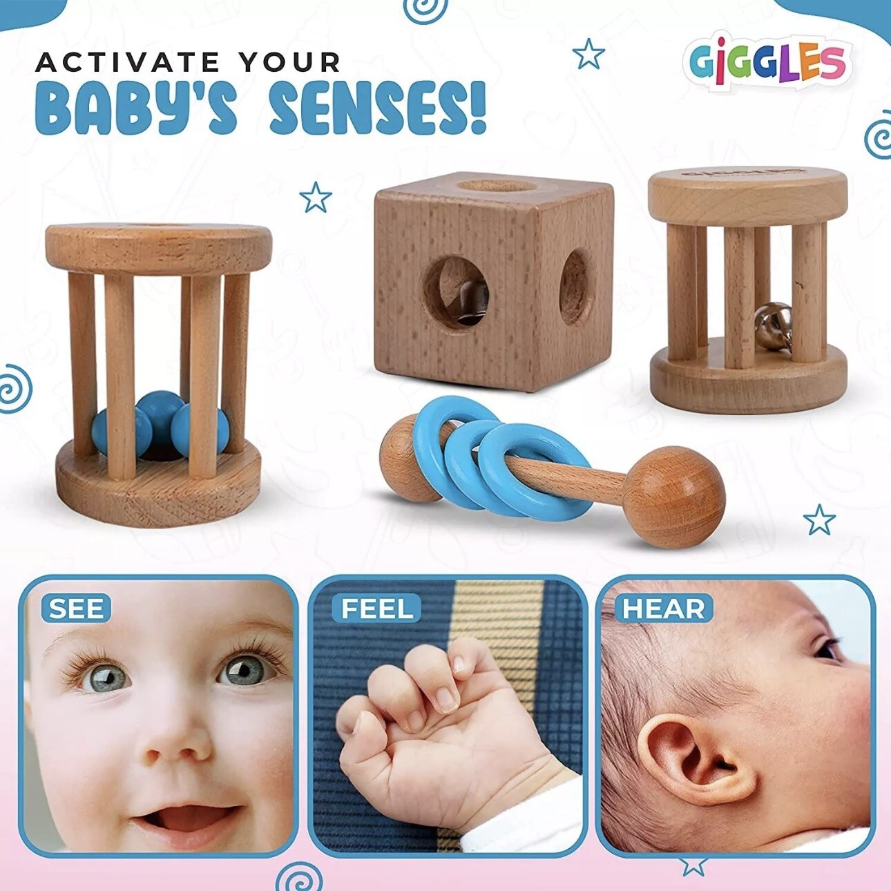 Giggles Montessori BLUE Wooden Baby Toy & Wooden Baby Rattle, 0-6 Months Toys
