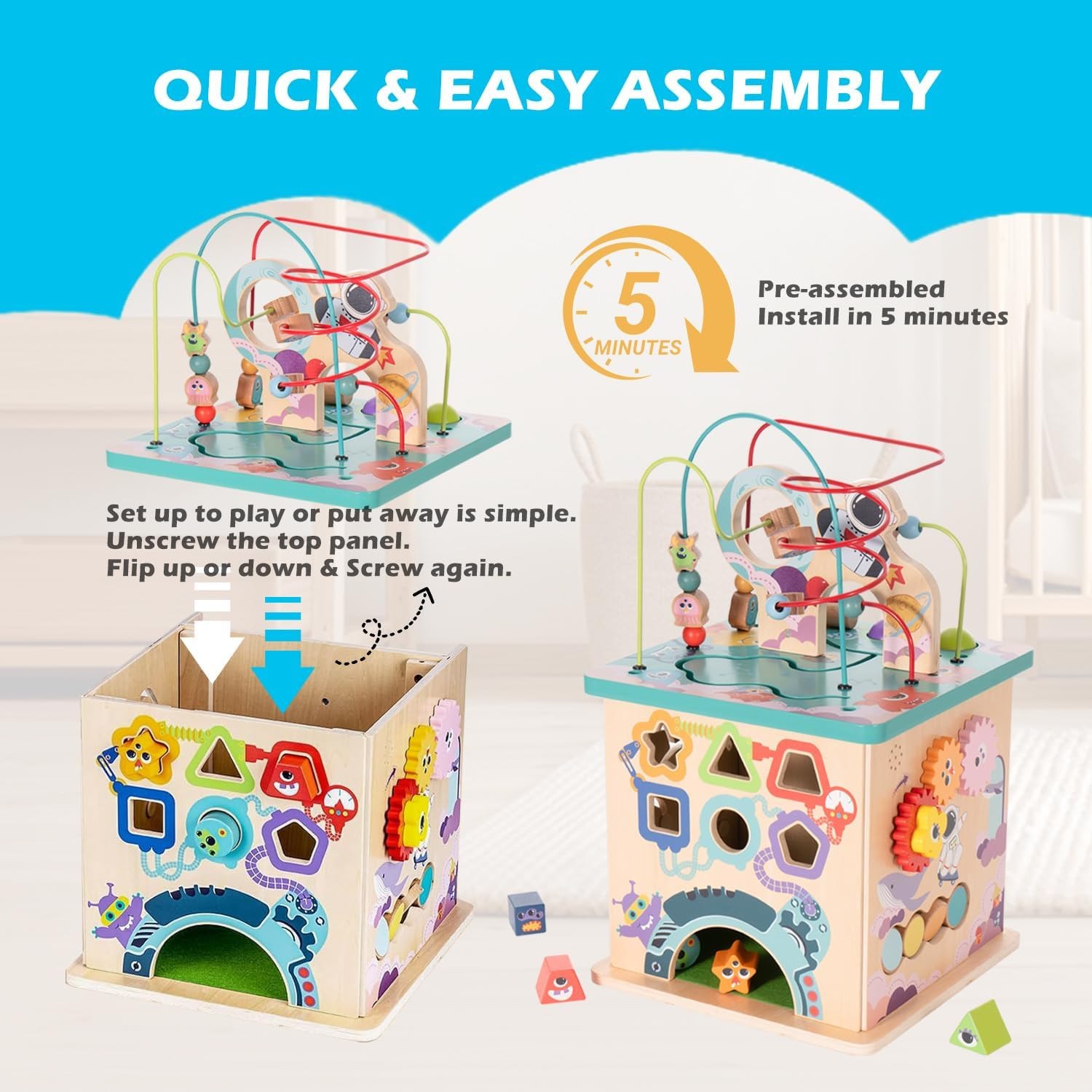 Pre-Assembled 9 in 1 Large Wooden Activity Cube. Educational Learning Toy for Ki