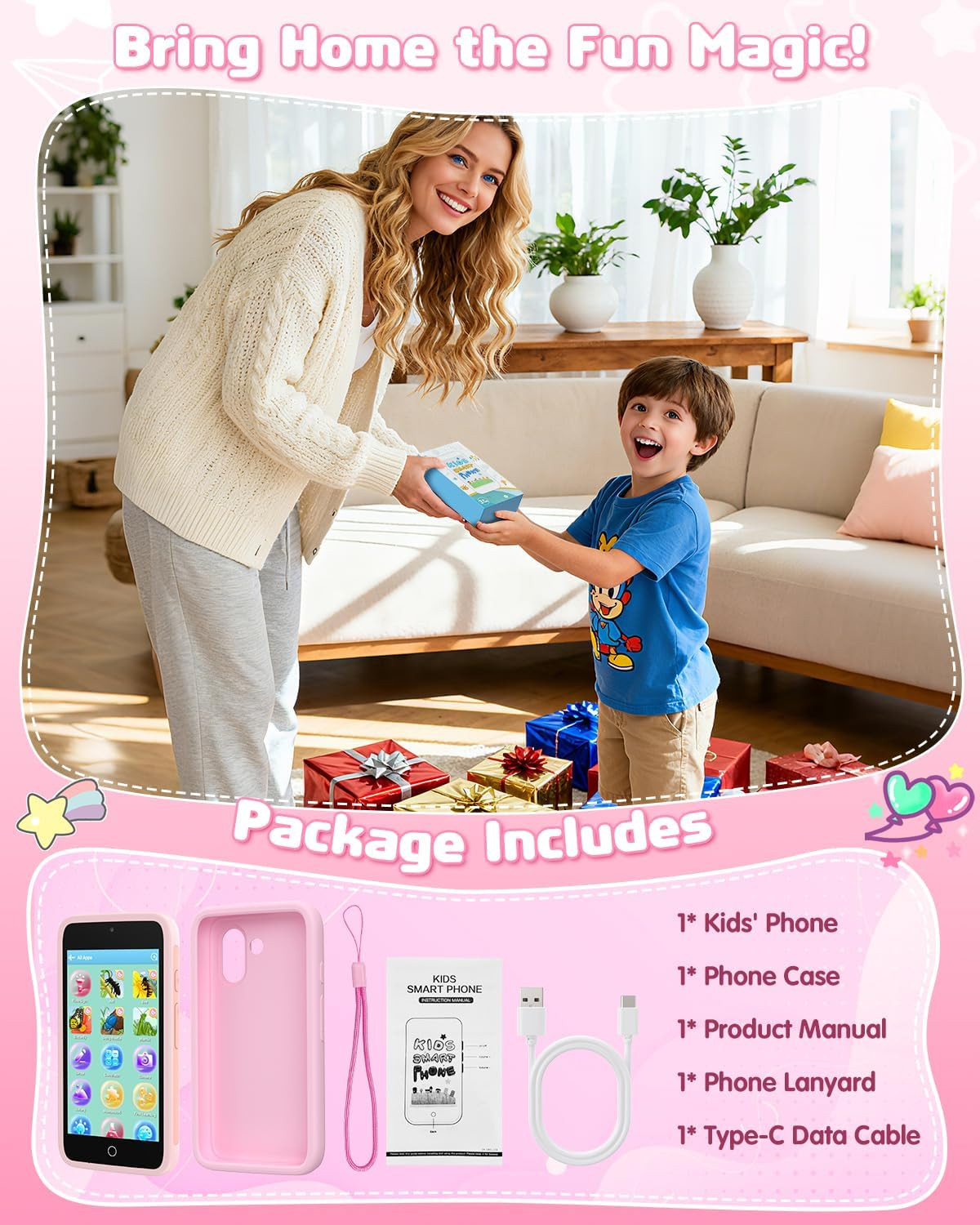 Kids Smart Toy Phone, Dual Camera with Stickers, 3.97″ Touchscreen Learning Toy