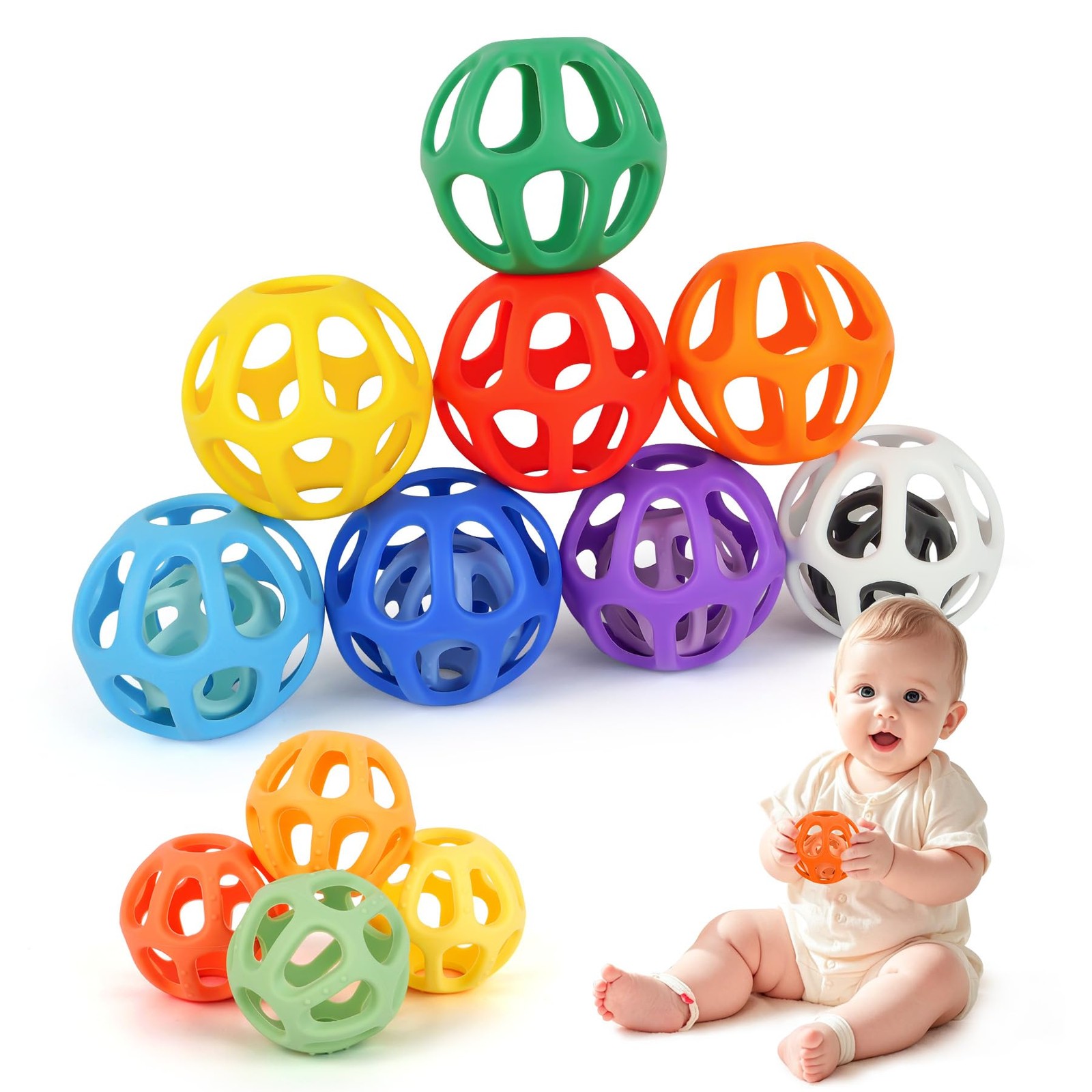 MCGMITT Baby Ball Toy with Holes, 8PCS Easy Grip Food Grade Medium, Colorful