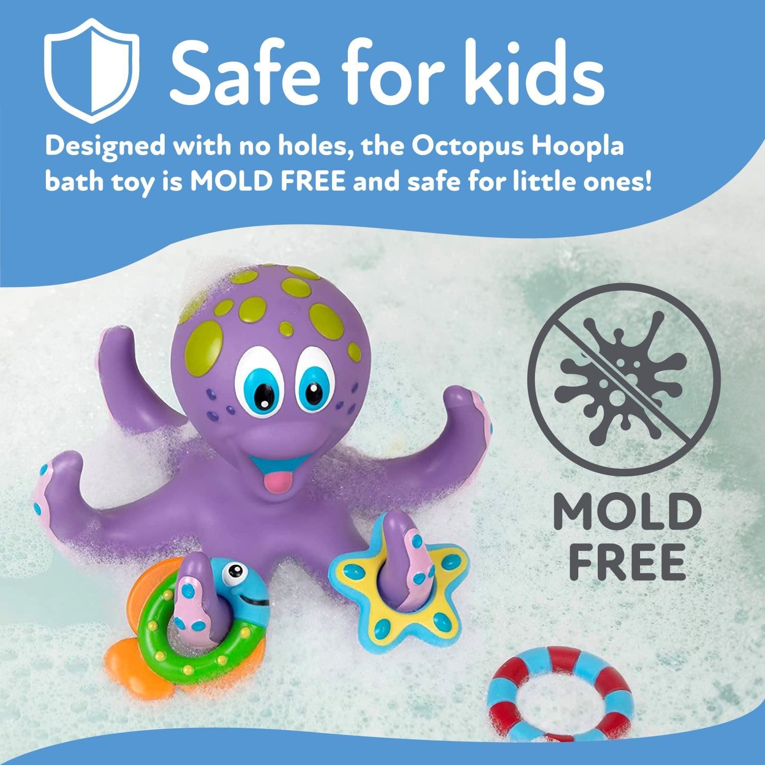 Nuby Floating Octopus Bath Toy with 3 Hoopla Rings No Hole Design 18+ Months