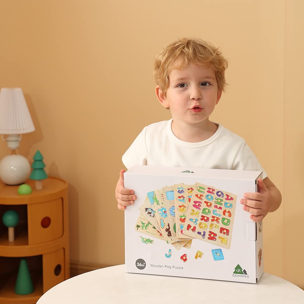 GRINNNIE Wooden Peg Puzzle for Toddlers, 6 Pack Puzzles Set for 3 4 5 Years O…