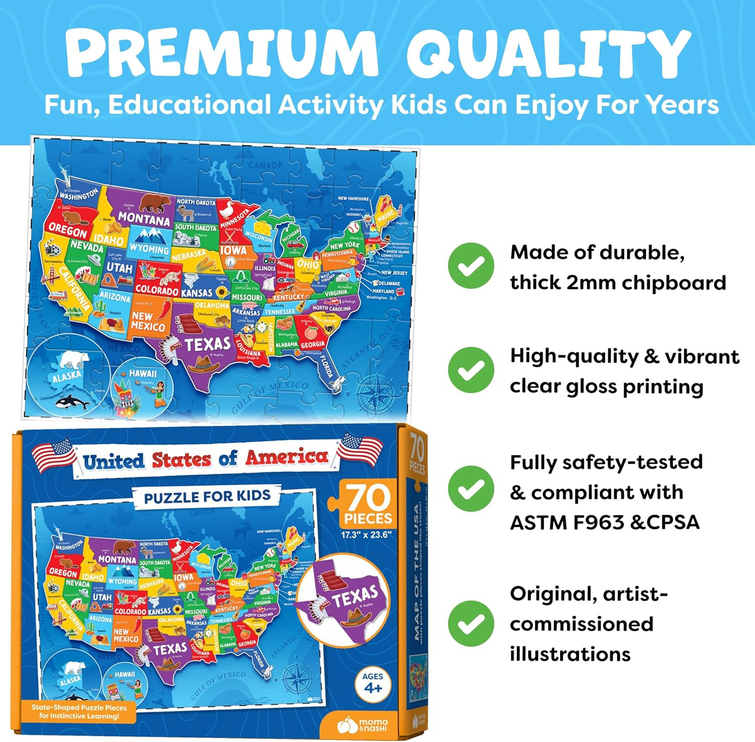 United States Puzzles for Kids Ages 4-6 – Educational Toys for Boys & Girls – 70
