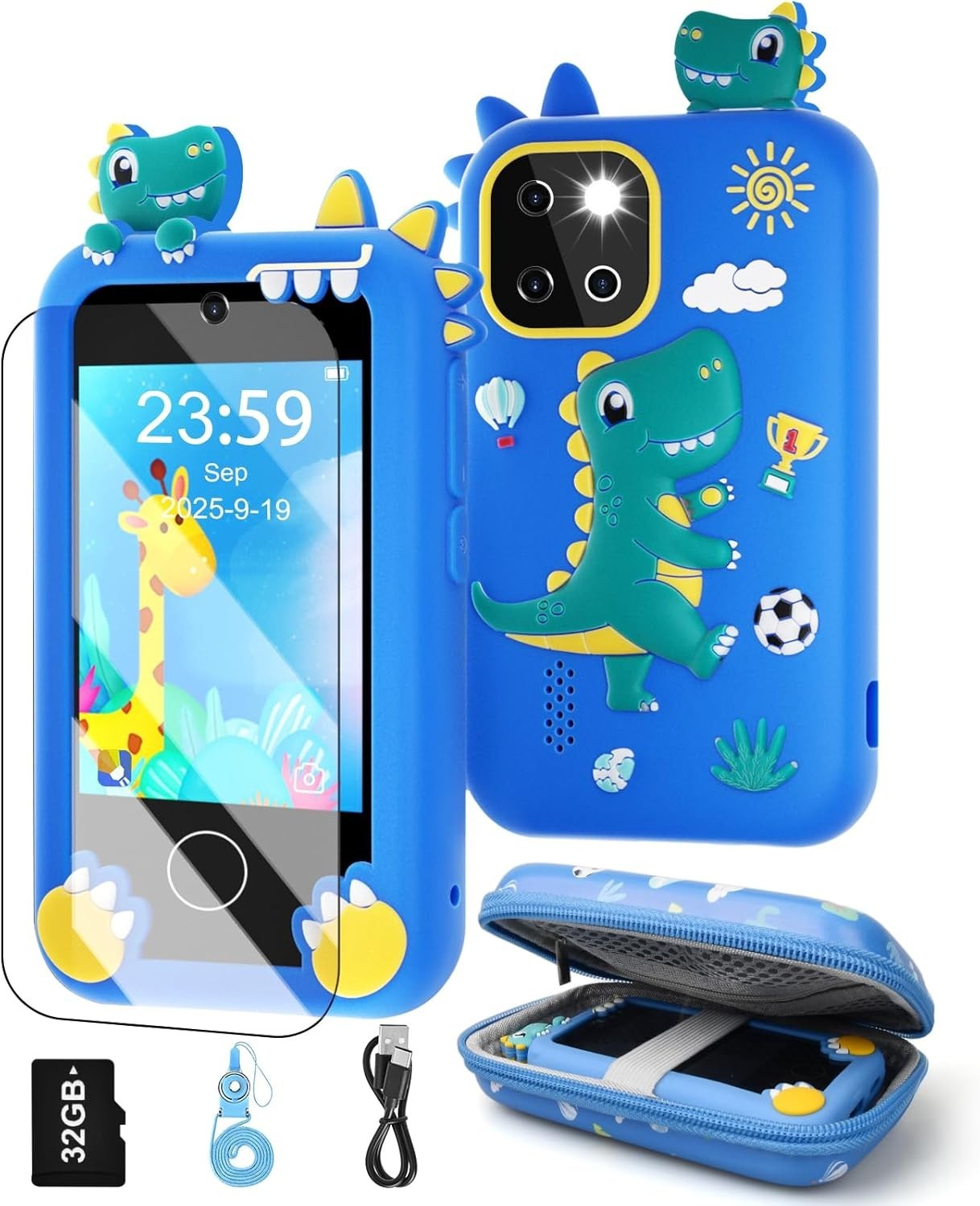 Dinosaur Kids Phone Toddler Learning Toy w/ 32GB Card Dual Camera Dino Bag