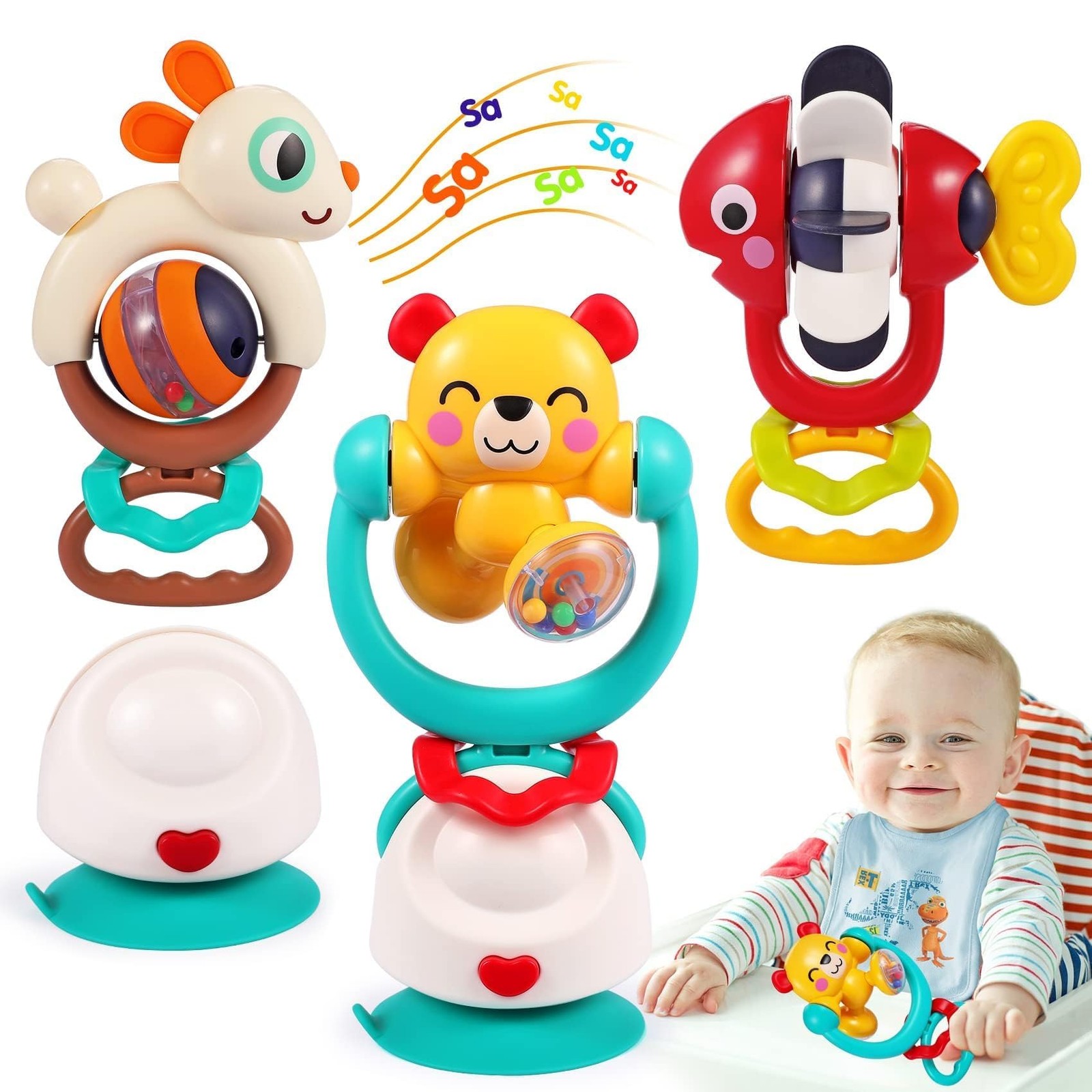 Baby Toys 6-12 Months Infant Toy Set of 3 High Chair Suction Cup Rattle Teeth…