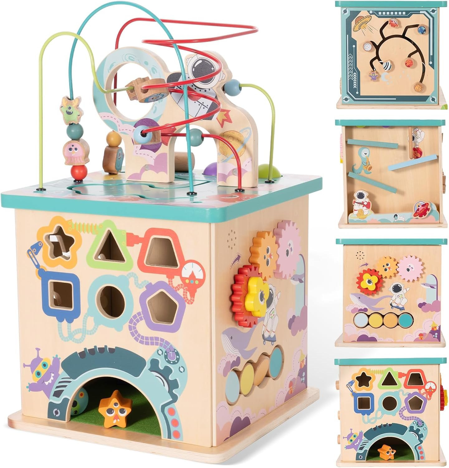 Pre-Assembled 9 in 1 Large Wooden Activity Cube. Educational Learning Toy for Ki