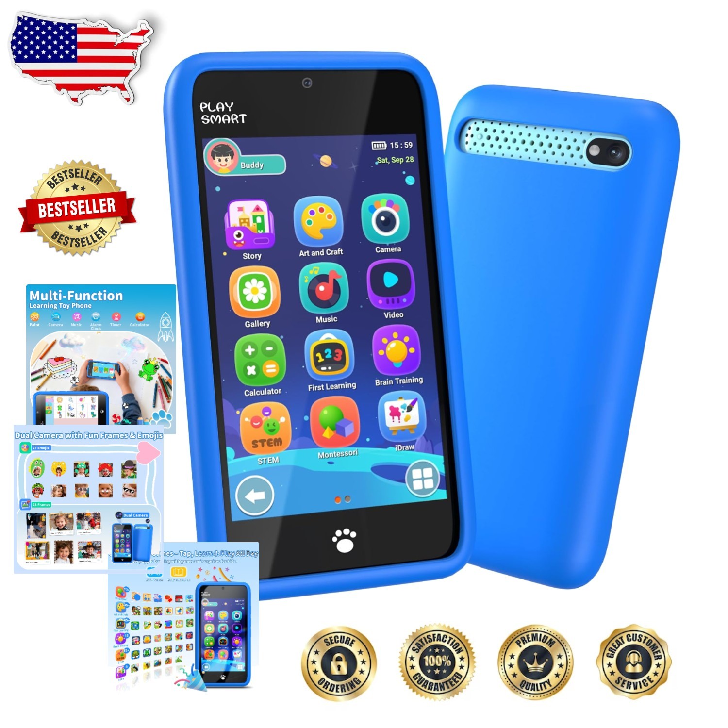 Smart Mini Phone for Kids Blue 3.97″ 200+ Games Parental Control Sleep Aid Gift