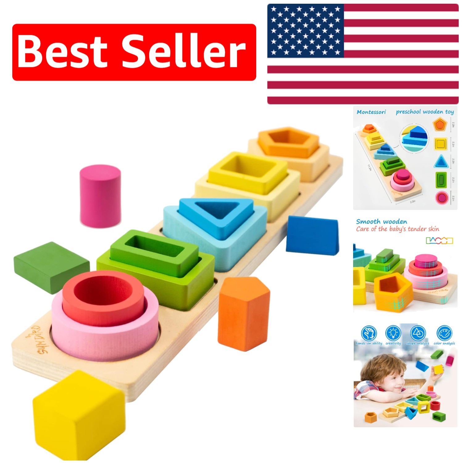 Montessori Stacking & Sorting Toys – Safe, Colorful Wooden Toy for 1-3 Olds