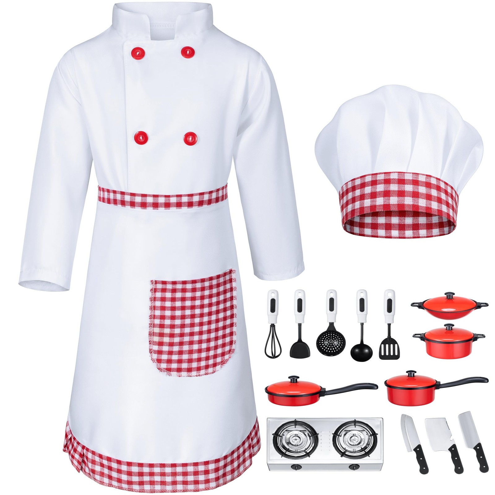 Kids Chef Costume for Boys Girls Kitchen Cooking Party Cosplay 3-12 Years Red