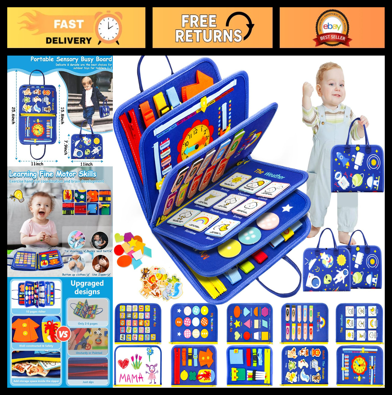 Montessori Busy Board for Toddlers – Sensory Learning Toys, Travel Activities, B