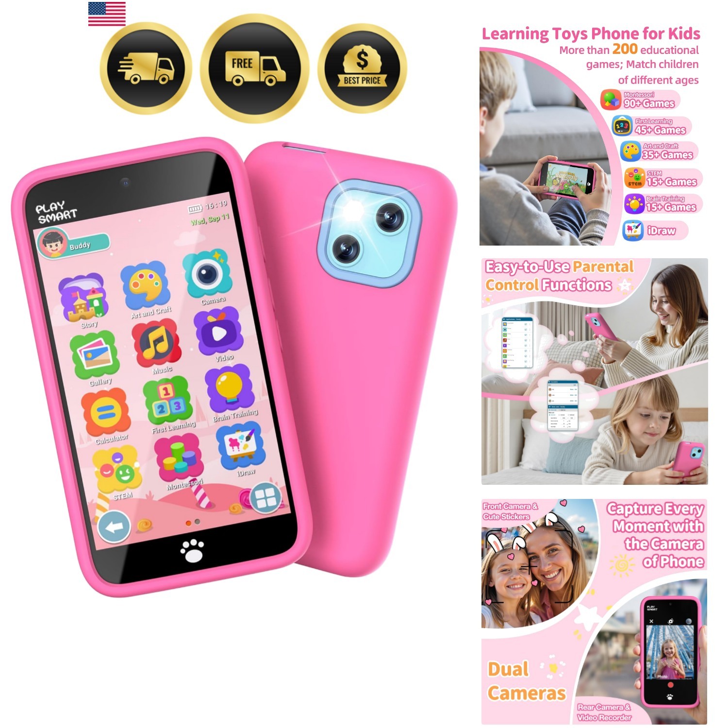 Kids Smart Phone with Dual Camera Touchscreen Educational Games for Ages 3-8