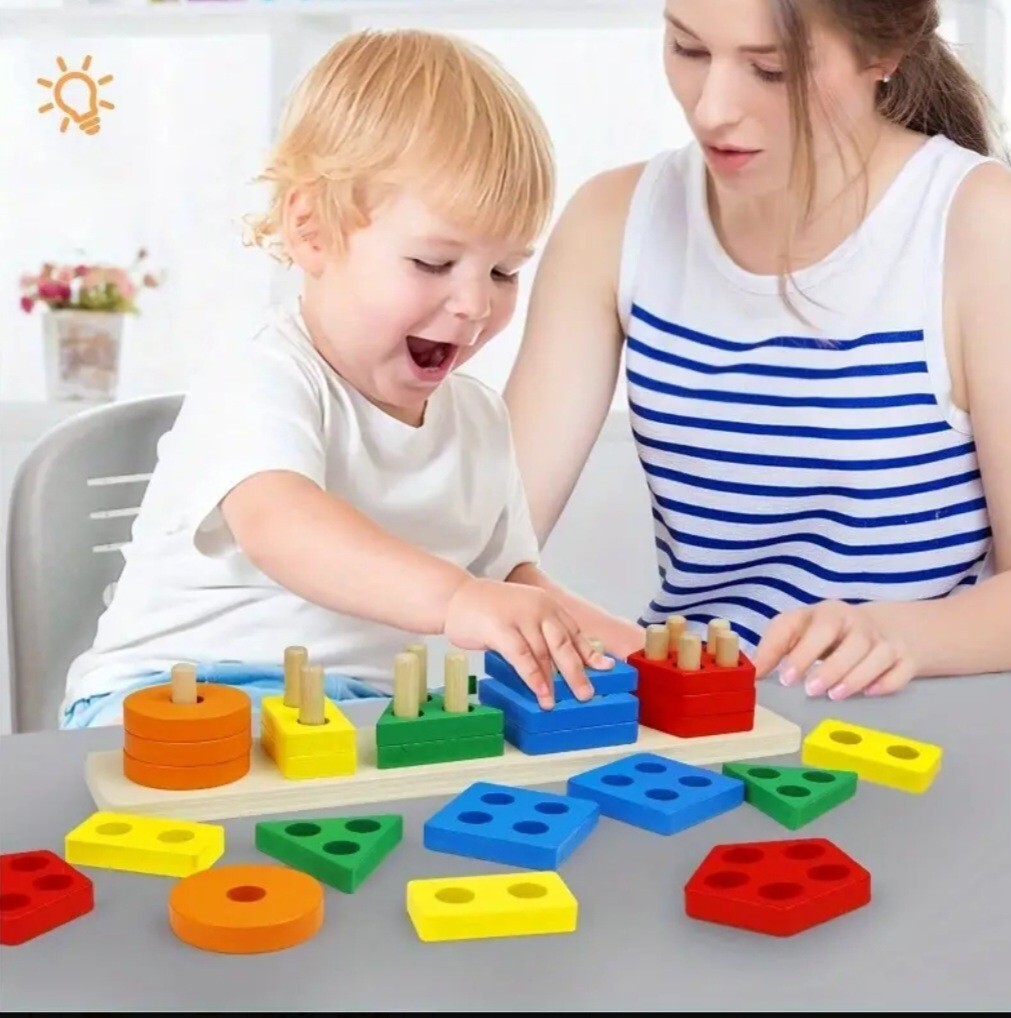 Wooden Educational Toy Sorting By Color Shape Stacking Puzzle 3+ Toddler