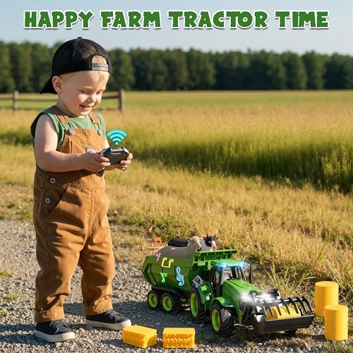 RC Farm Tractor Toy w/Light & Music, Kids Trailer Toy w/Front Loader & Green