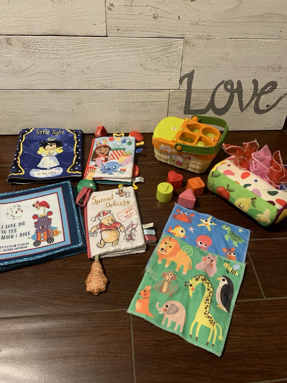 EUC LOT Of Soft Cloth Baby Books & Picnic Basket Developmental Sensory Learning