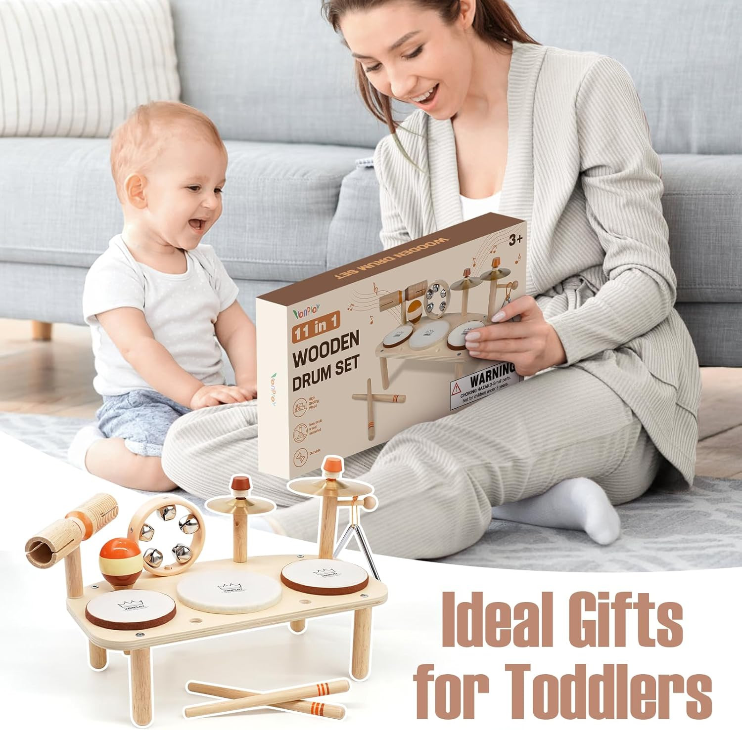 Kids Drum Set – Montessori Toys for 2 Year Old Boy Girl Birthday Gifts, 11 in 1