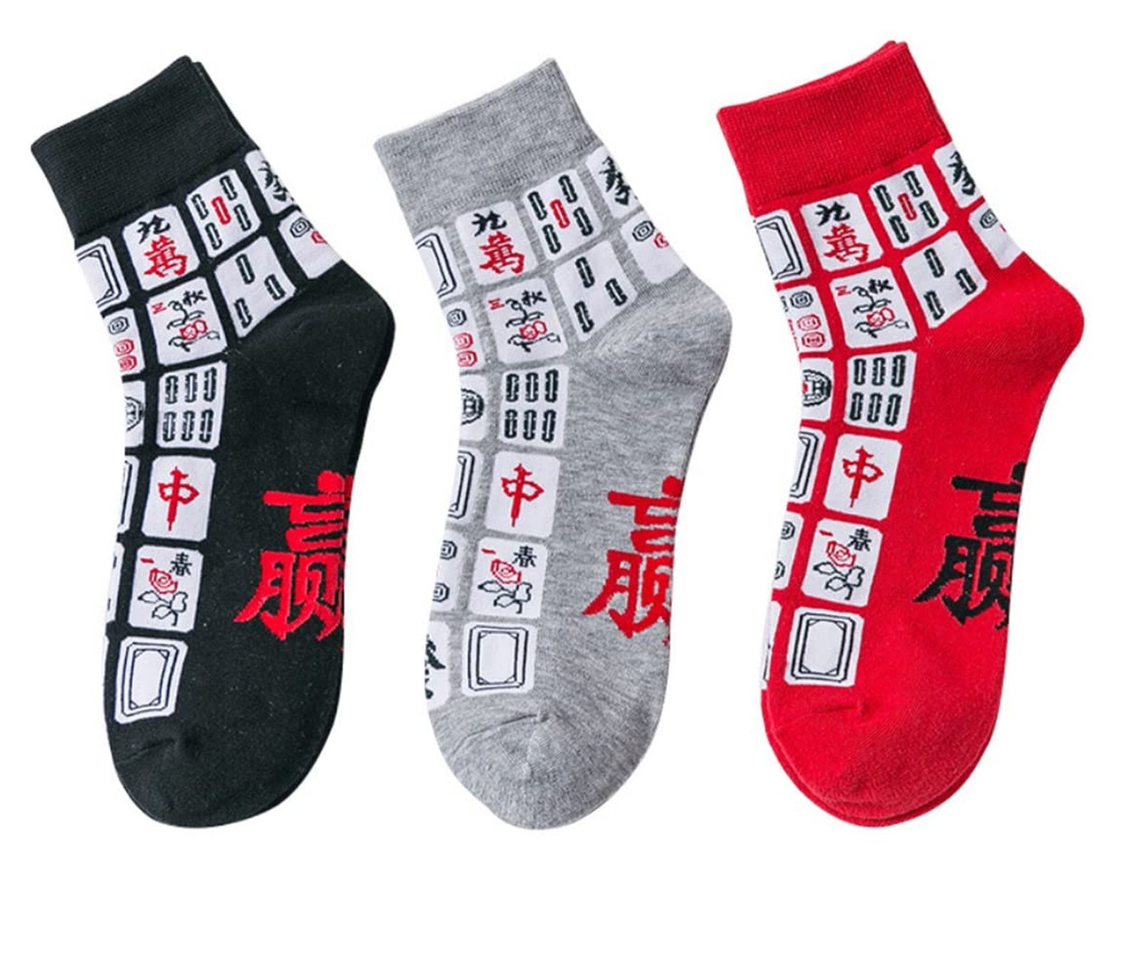 Creative Mah Jong Print Novelty Cotton Crew Socks 3 Pairs for Men Women 6-12