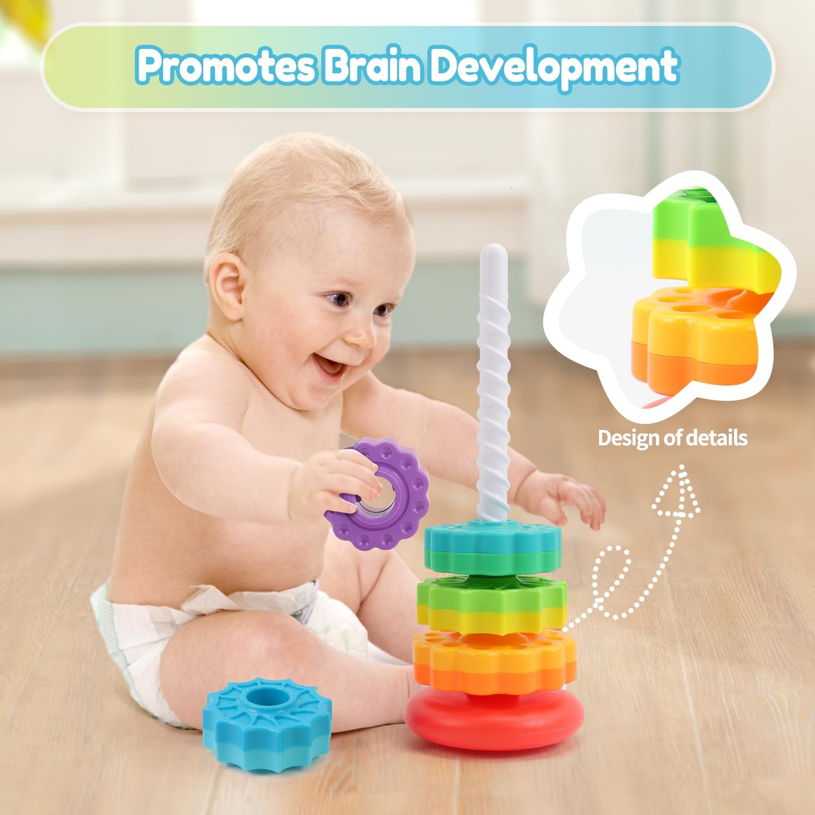 Baby Spinning Stacking Toys, 1-3 Rainbow Ring Stacker Montessori Toys for Bab…