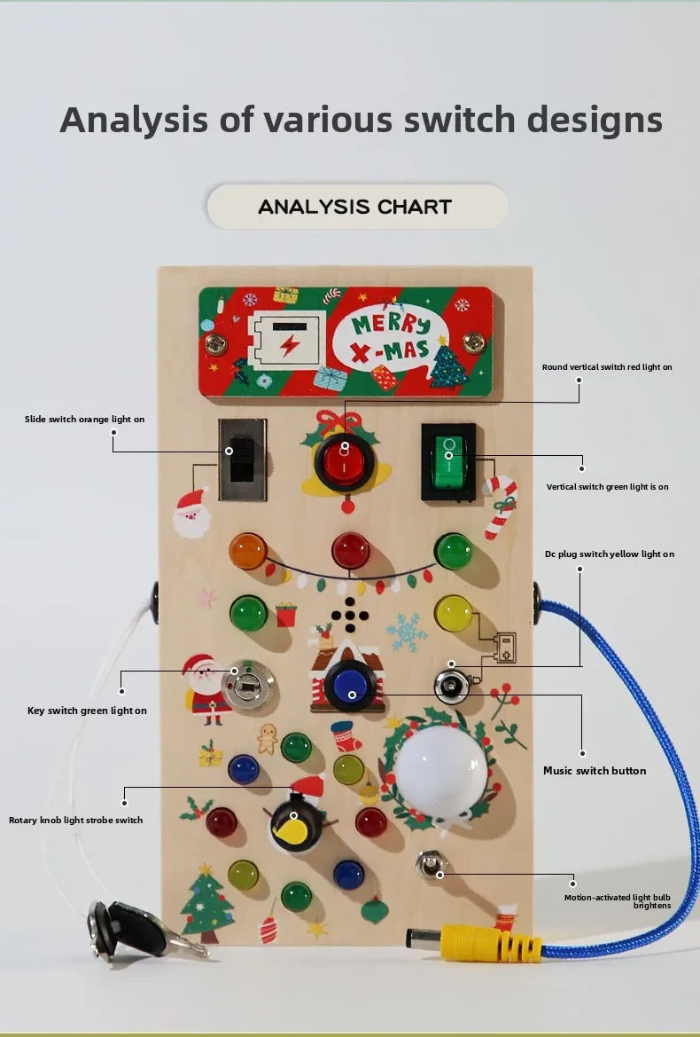 Montessori Busy Board Wooden Switch Toy Lights 7″/18cm Toddler Learning