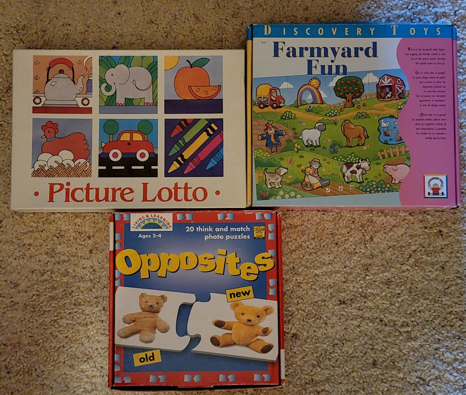 3 Educational Board Games-Opposites,Picture Lotto,Discovery Toys Farmyard Fun