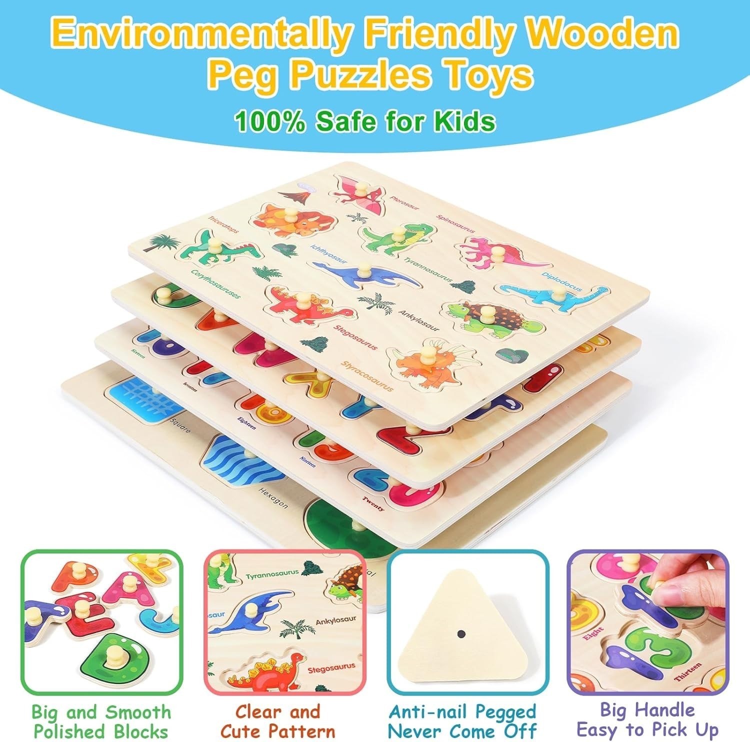4PCS Montessori Wooden Peg Puzzles for Toddlers, Kids, Educational Learning Toys
