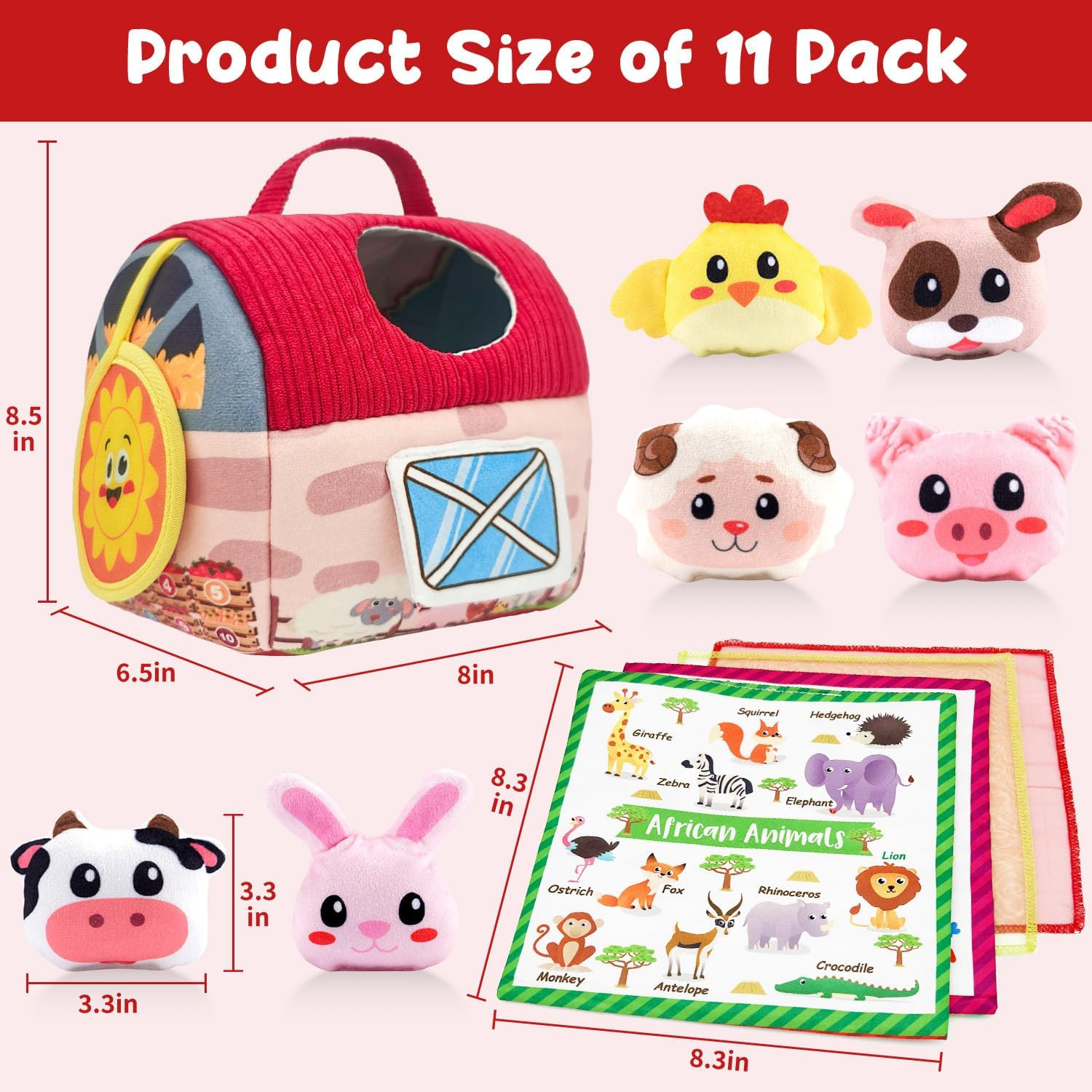 Baby Toys 6-12 Months, 11PCS Surprise Barn Toy with Stuffed Farm Animals, Rattle