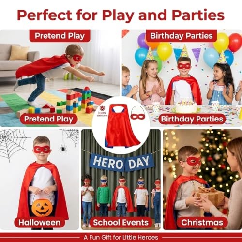 Superhero Cape and Mask for Kids, Toy for 3-9 Year Old Boys Girls Halloween Red
