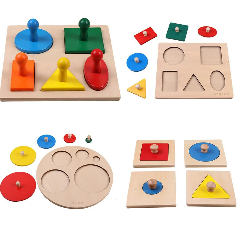 Montessori Puzzle Toys Wooden Geometric Shapes Sorting Math Colorful Preschool