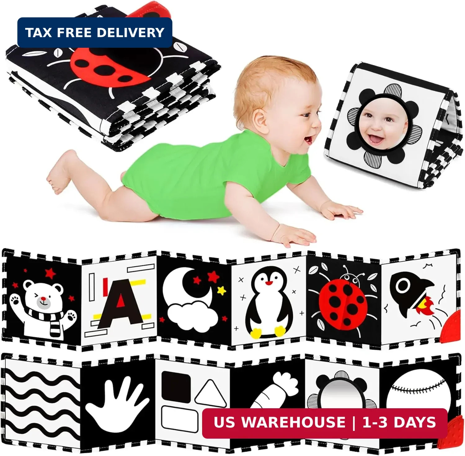 BBWOO High Contrast Baby Toys for Newborn, Tummy Time Mirror, Black and White Ba