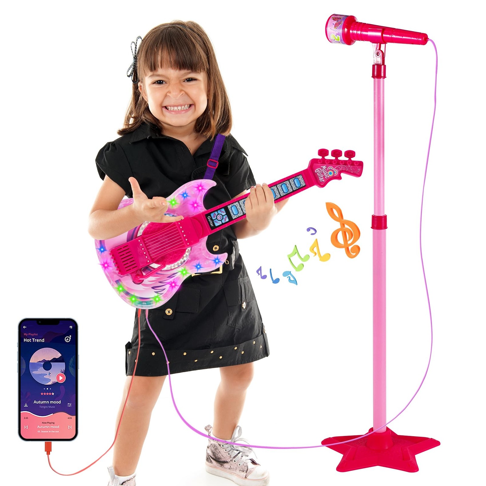 Guitar and Microphone Play Set for Girls,Karaoke Machine with Music&Light,Mic…