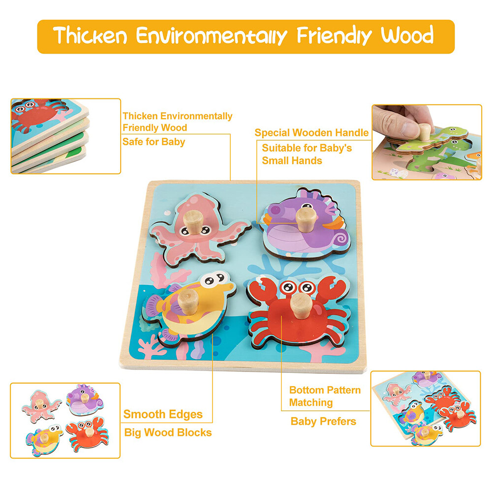 4 Pack Wooden Puzzles For Toddlers Baby Kids 1-3, Animals, Dinosaurs, Fruit