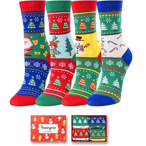 Christmas Socks for Kids – Snowman Reindeer Gnome Candy 4 Pack 10-12 Years