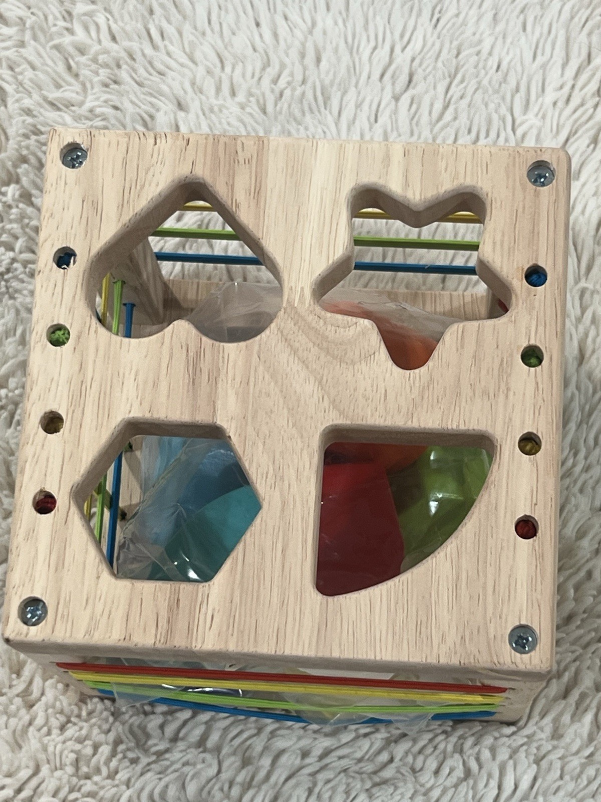 Montessori Wooden Shape Sorter Cube – 8 Rattling Shapes Sensory Educational Toy