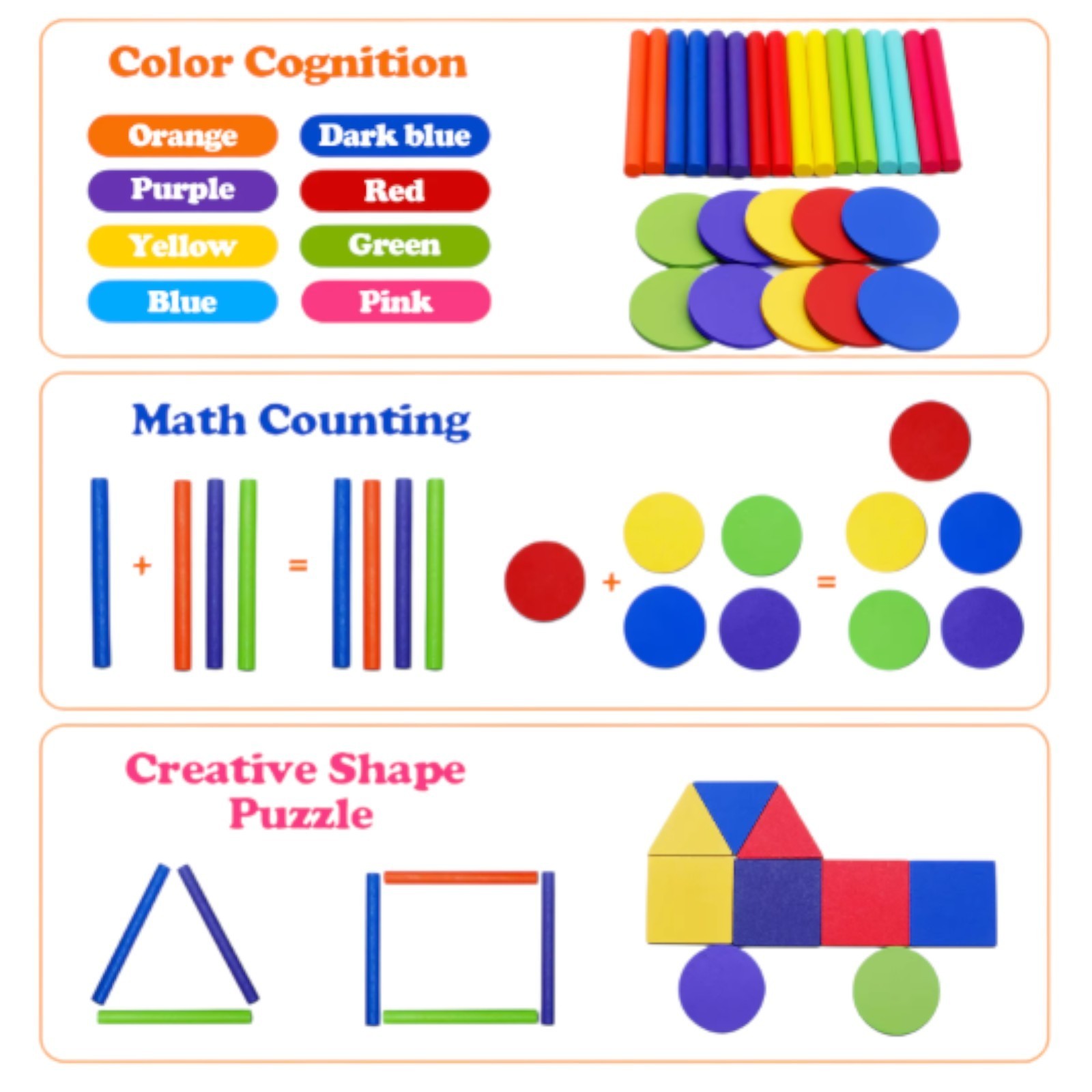 Montessori Wooden Color Sorting Shape Puzzle Toy for Toddlers L Flat stick