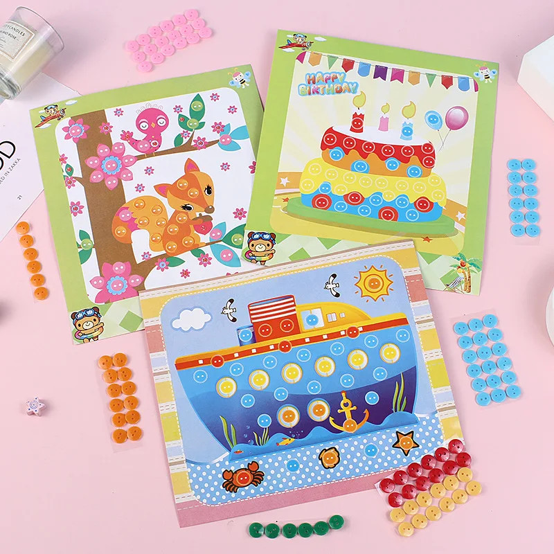Children Handmade DIY Toys Button/Pompom/Diamond Stickers Drawing Toy Puzzle