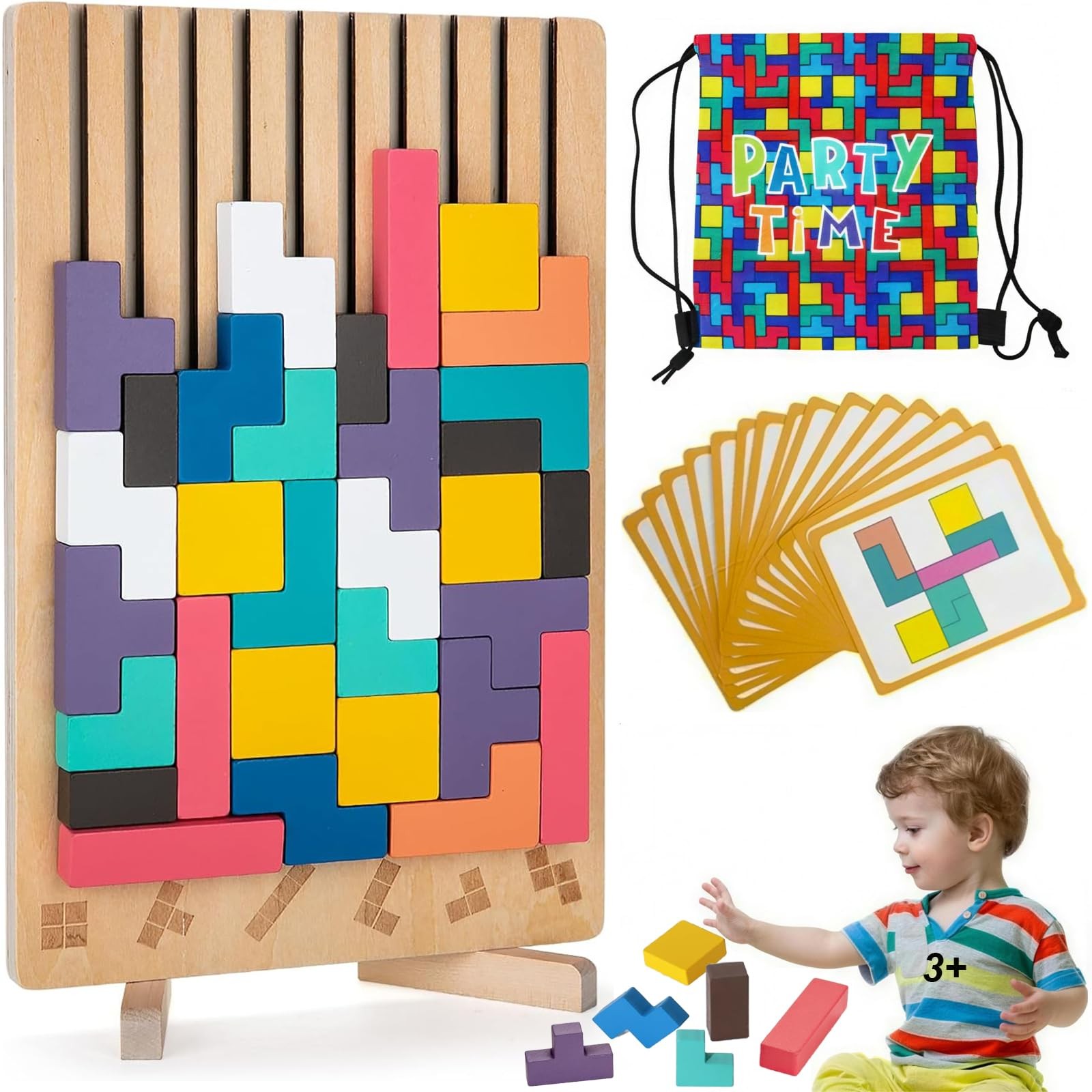 Wooden Russian Block Puzzle, Colored 3D Blocks Stacking Puzzle Board Montesso…