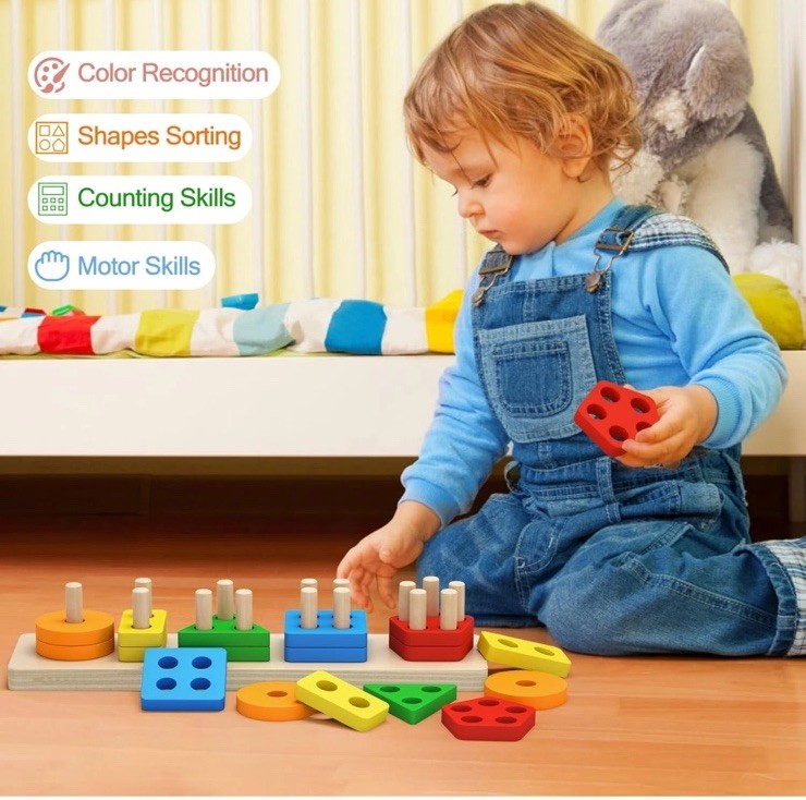 Montessori Wooden Sorting & Stacking Toy – Educational Puzzle for Toddlers 1-3,