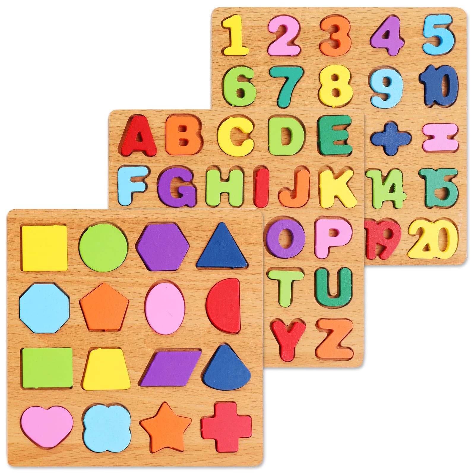 Alphabet Wooden Puzzles for Toddlers 3-5, Pack of 3 ABC, Number and Shape Puz…