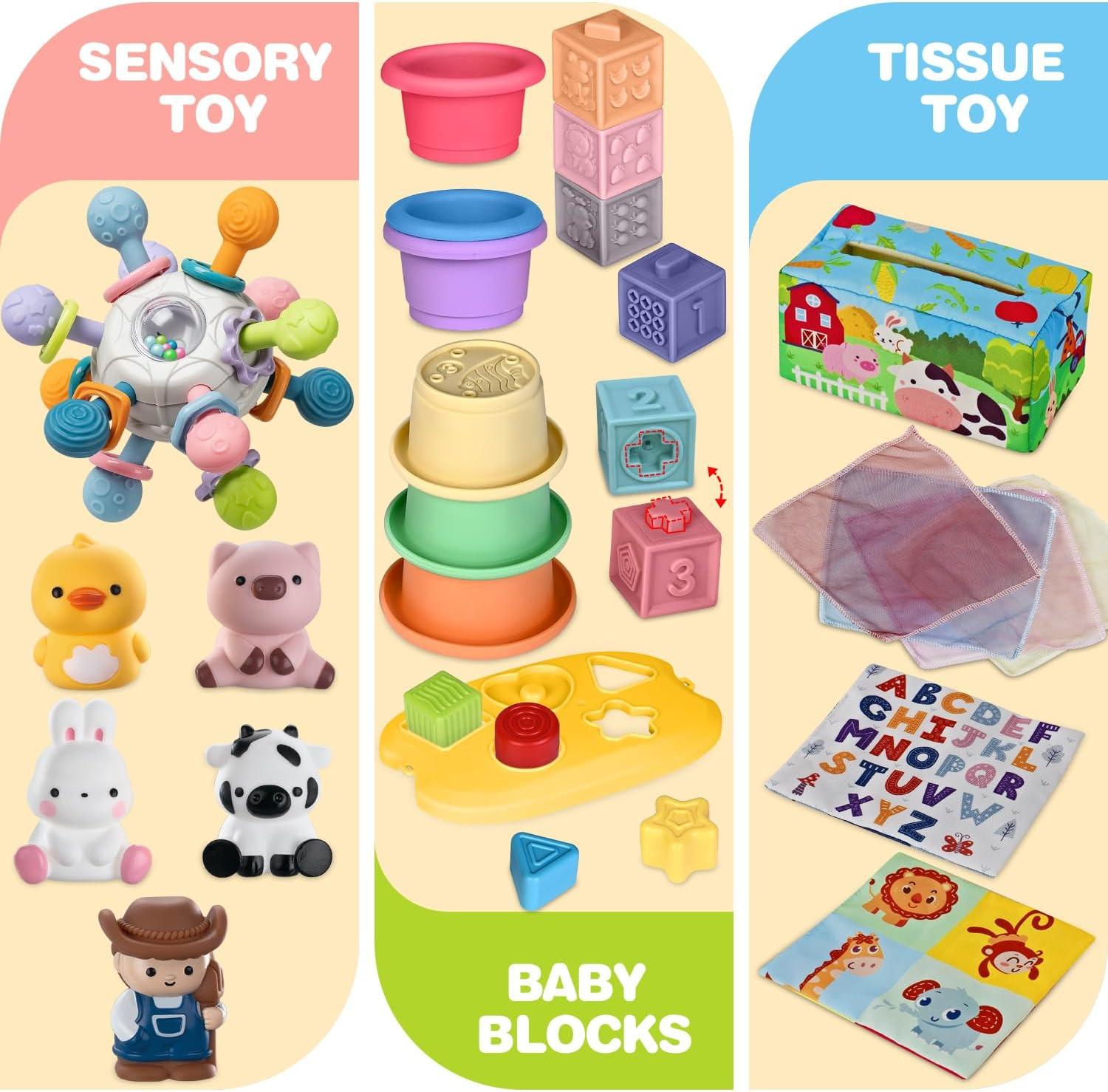 Baby Toys 6-12 Months, 6 in 1 Montessori Toys for 1 Year Old, Soft Infant Sensor