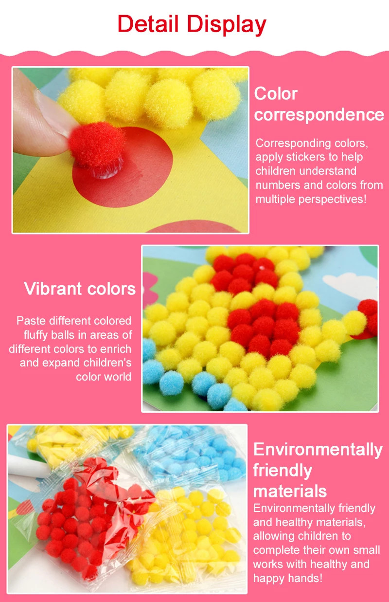 Children Handmade DIY Toys Button/Pompom/Diamond Stickers Drawing Toy Puzzle