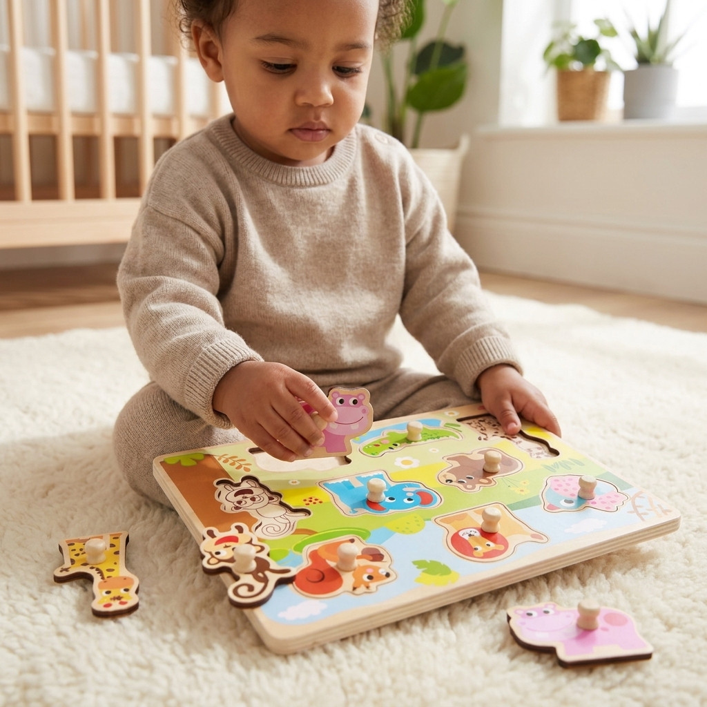Wooden Animal Puzzle Board Toddler Peg Puzzle Montessori Learning Toy