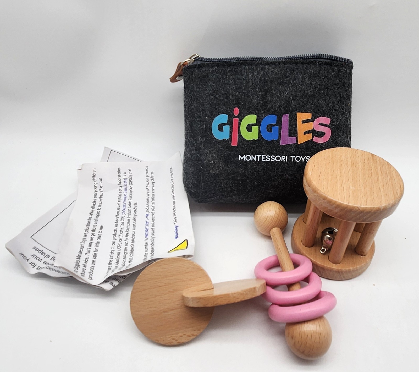 Giggles Montessori eco friendly wooden baby toy set with bag, 0-12months- pink