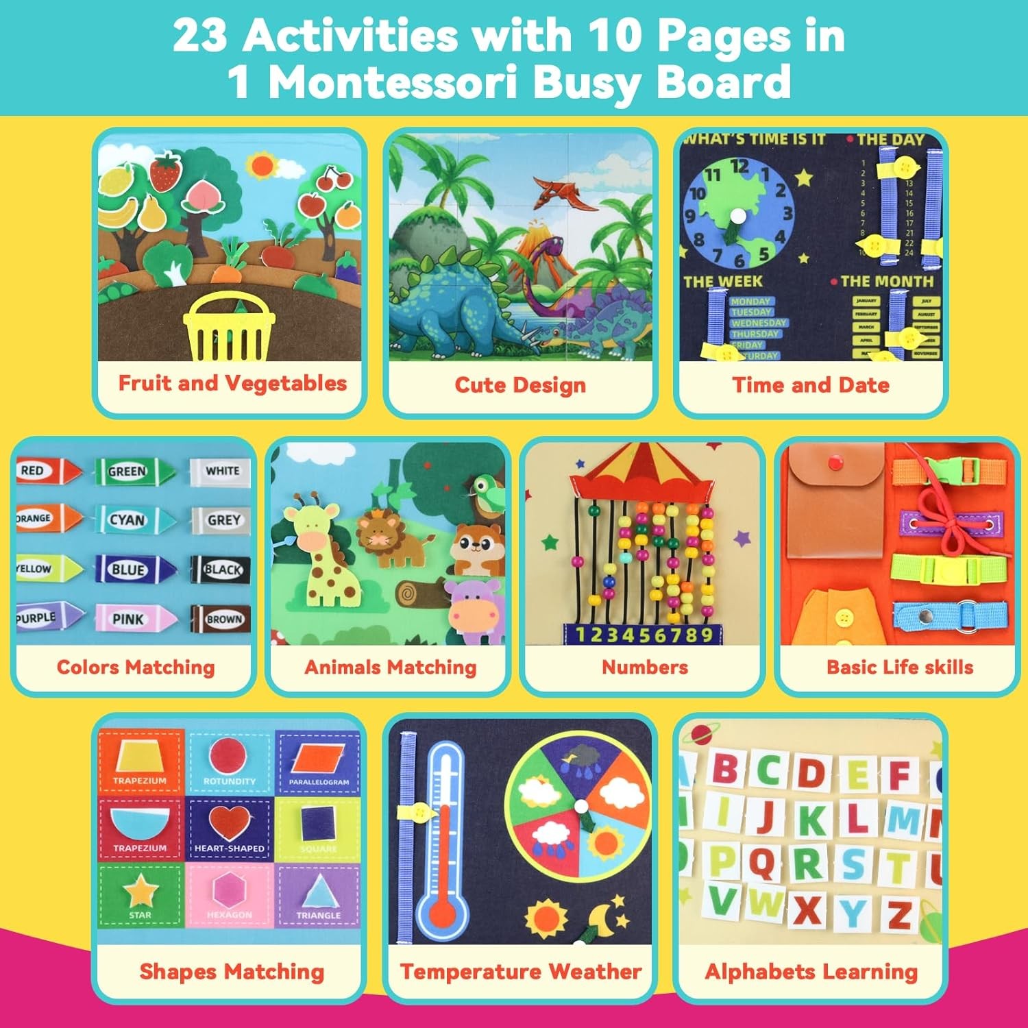 Heyous Busy Book Board Learning Montessori Toys for 1-4 Years Boy Birthday Gifts